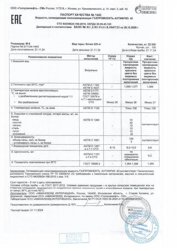 Паспорт качества №1443